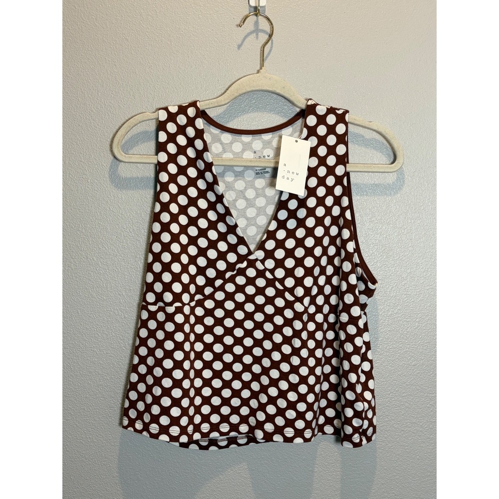 A New Day Womens XL Polka Dot V-Neck Sleeveless Tank Top Brown Cream NWT